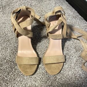 Tan suede ankle wrap open toe heels